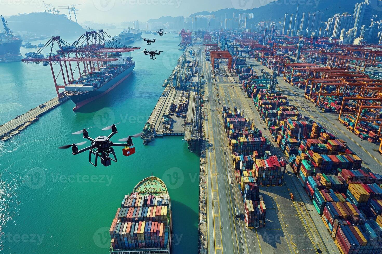 Aerial view of a busy port with drones monitoring shipping containers and vessels. photo