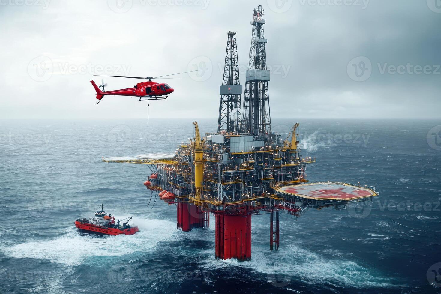A helicopter approaches an offshore oil rig while a rescue boat navigates the surrounding waters. photo