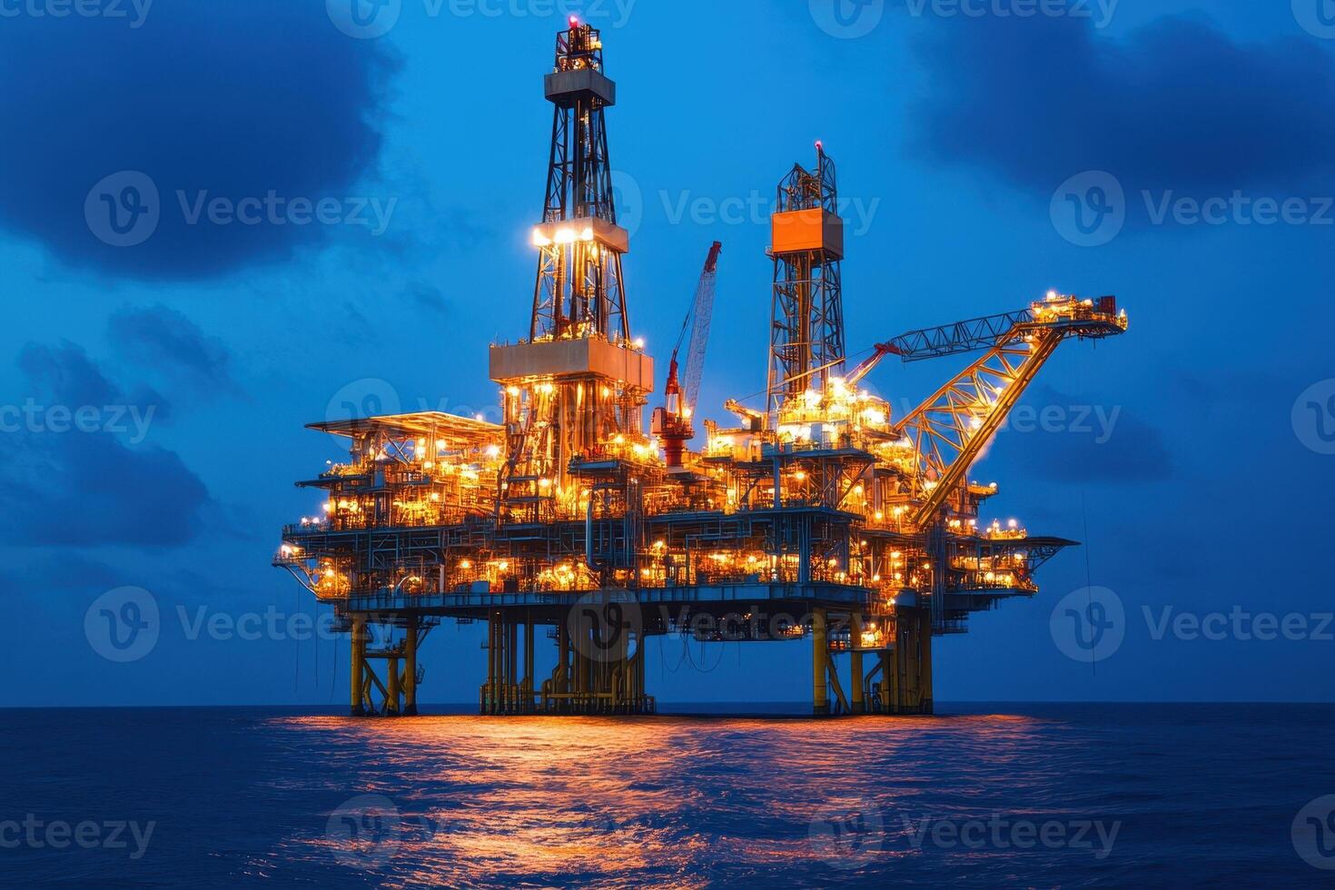 An illuminated offshore oil rig at dusk, showcasing industrial energy extraction. photo