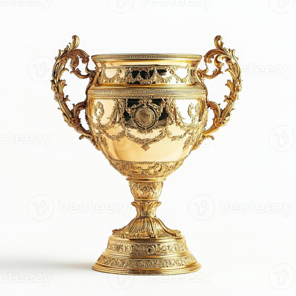 A ornate golden trophy with intricate designs and handles, symbolizing achievement and victory photo