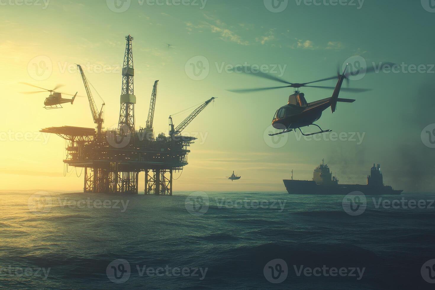 A scene depicting an offshore oil rig with helicopters and a ship in the background. photo