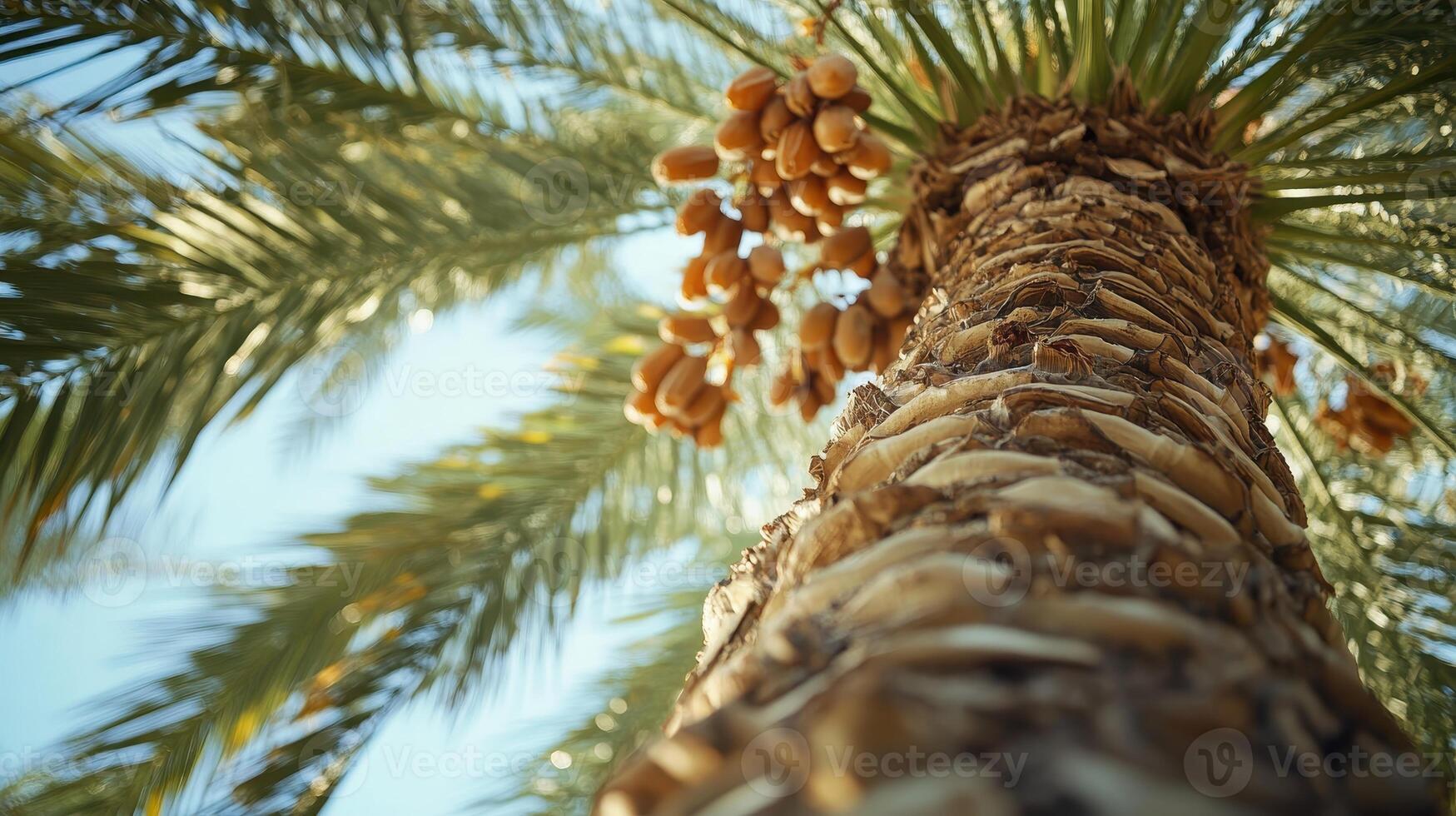 A close-up view of a palm tree with dates, showcasing its texture and natural beauty. photo