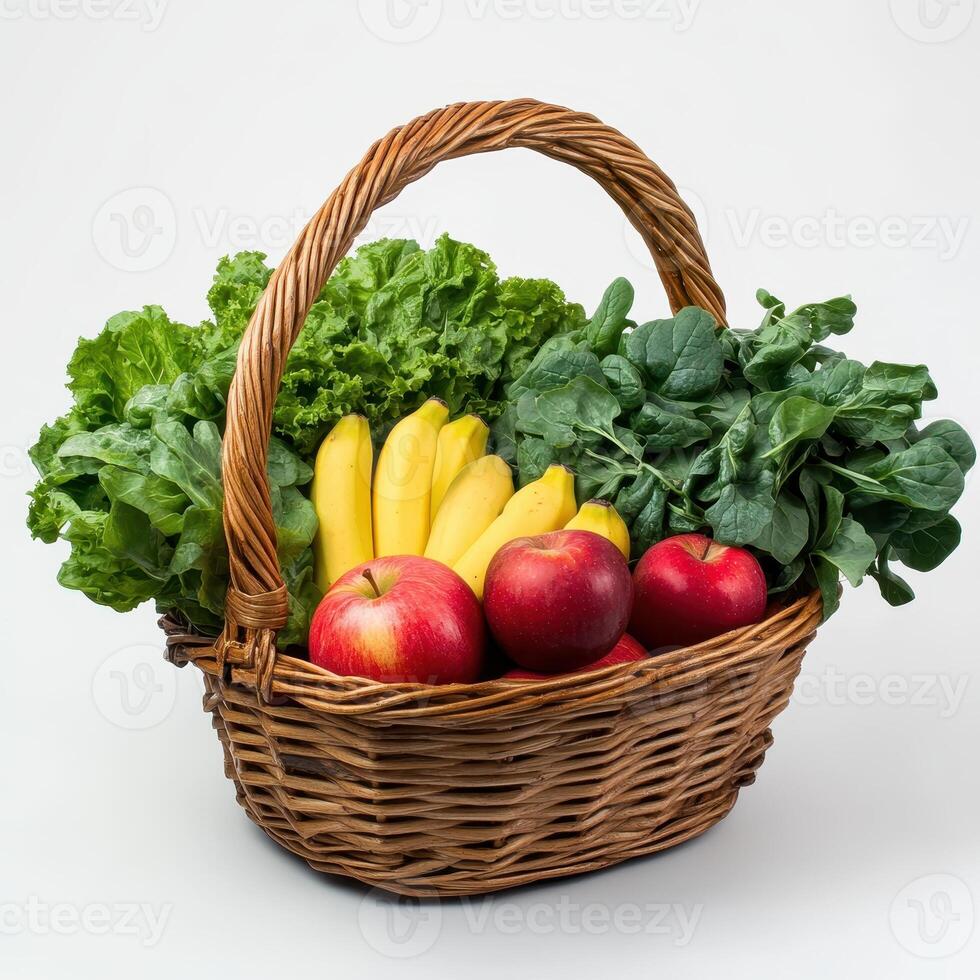 A wicker basket filled with fresh fruits and vegetables, showcasing healthy food options photo