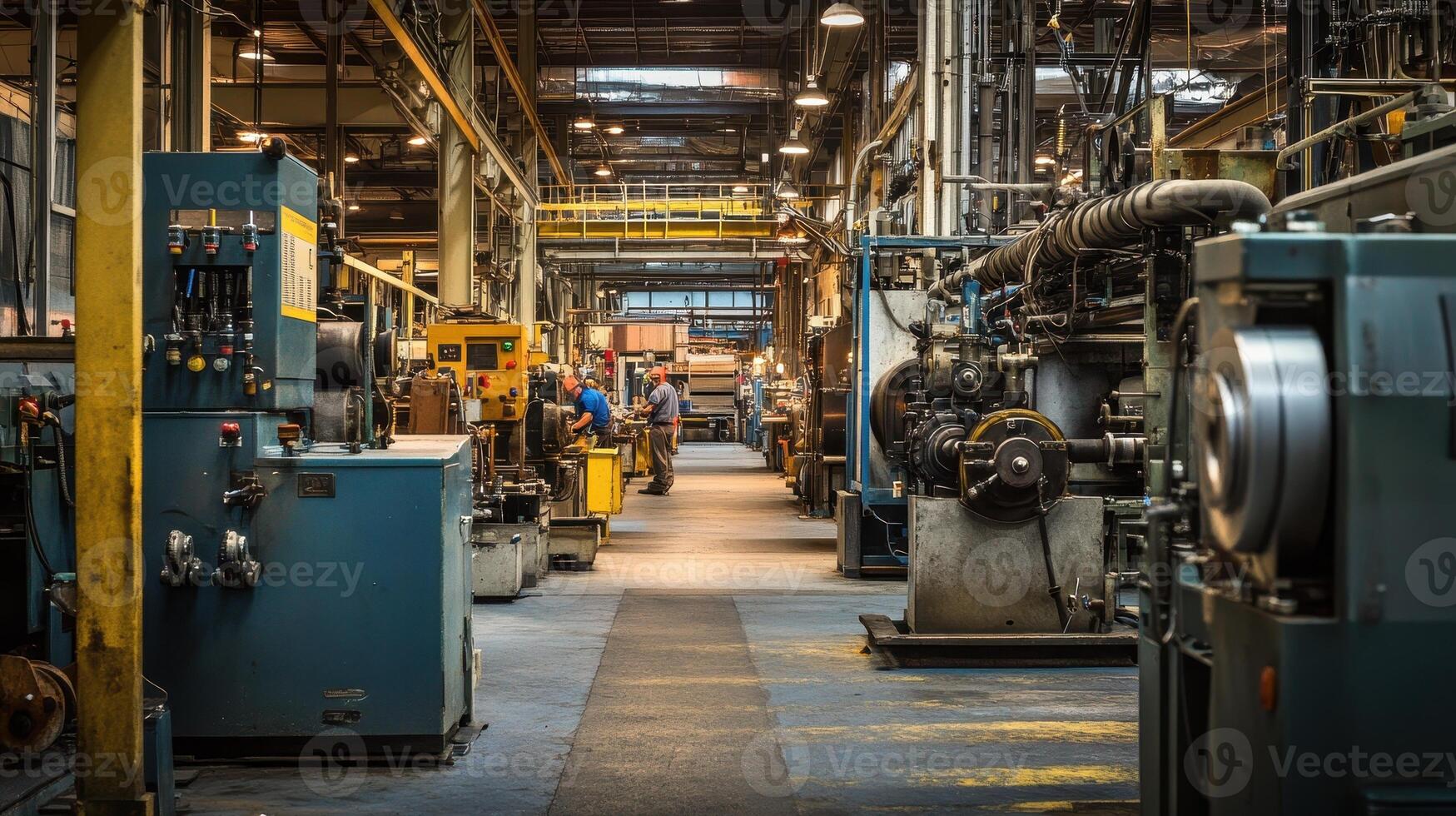A busy industrial workshop filled with machinery and workers engaged in manufacturing tasks. photo