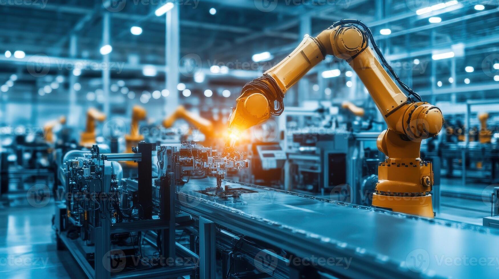 Industrial scene featuring a robotic arm working on a production line. photo