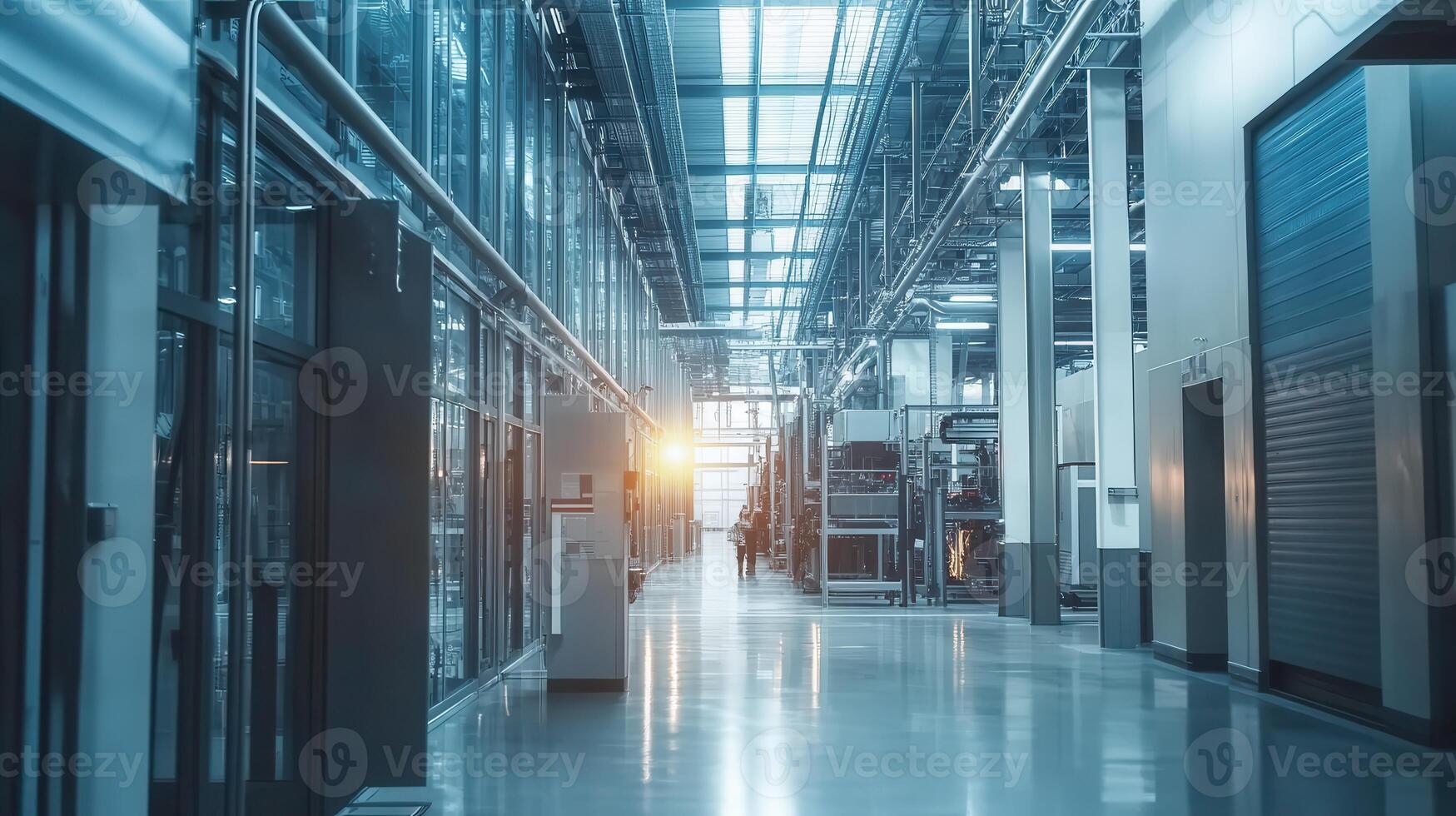 A modern industrial facility with sleek design and natural lighting, showcasing machinery and space photo