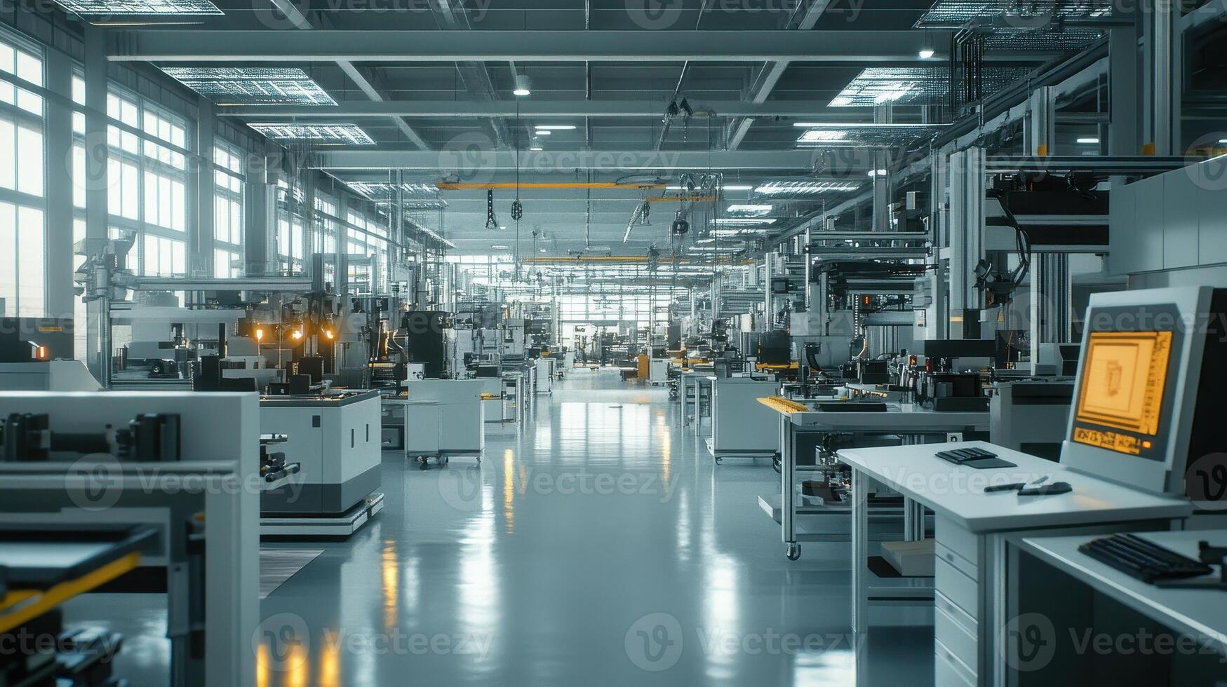 Modern industrial workspace with machinery and technology for manufacturing processes photo