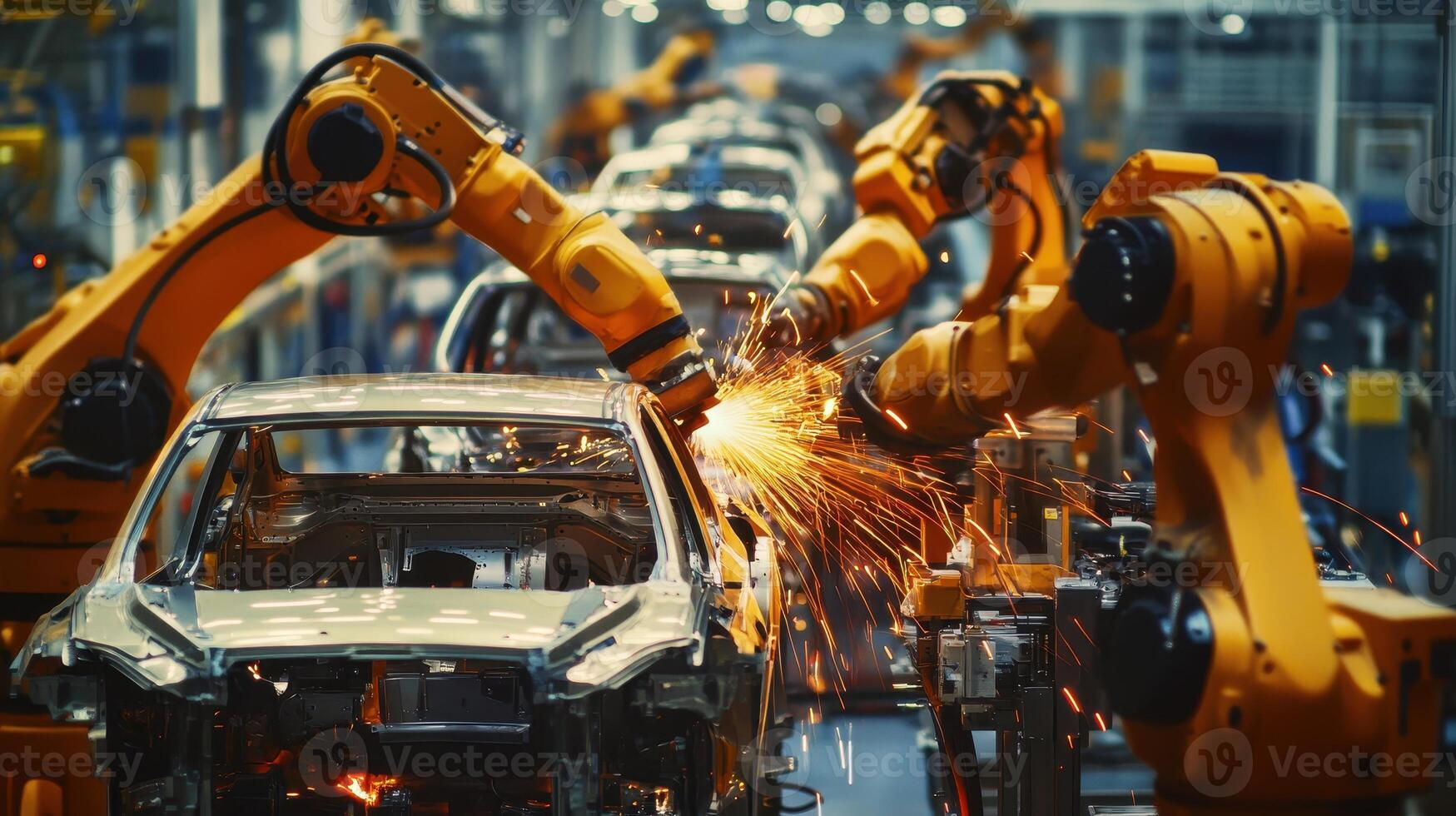 Robotic arms assembling vehicles in a manufacturing plant, creating sparks and precision. photo