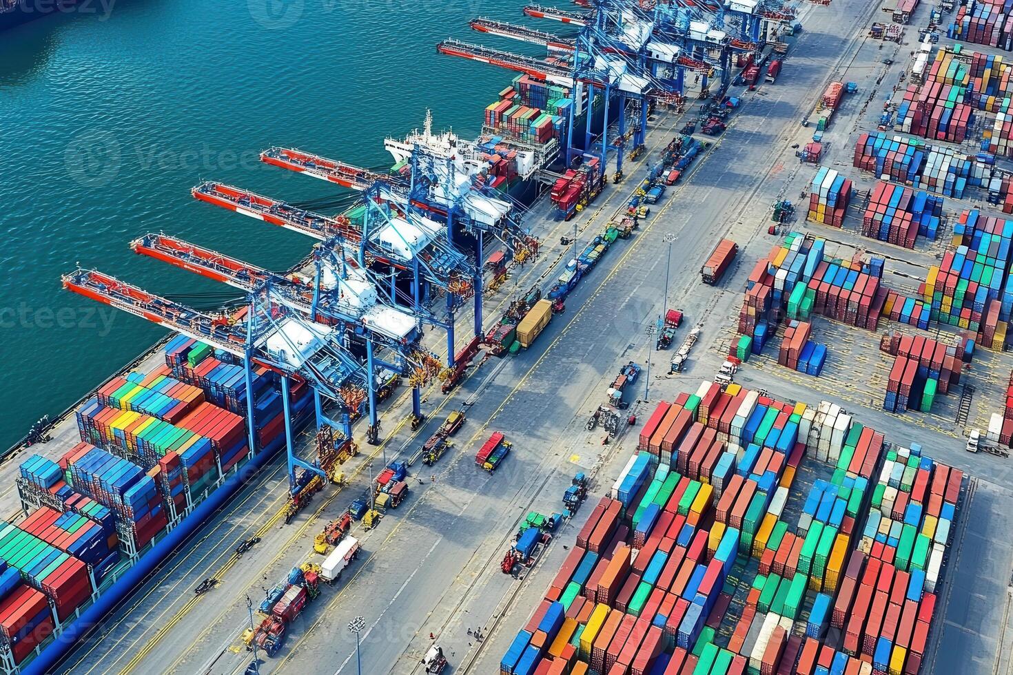 Aerial view of a busy shipping port with containers and cranes for cargo handling. photo
