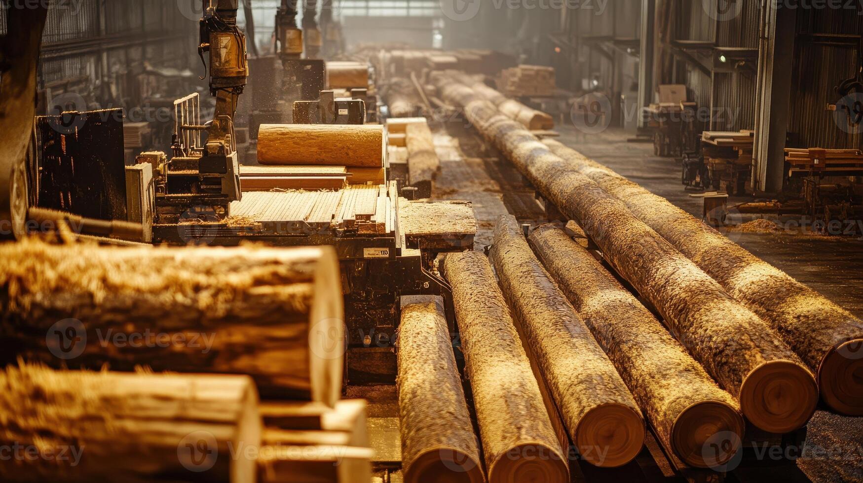 A lumber processing facility with logs and machinery in a well-lit industrial space. photo
