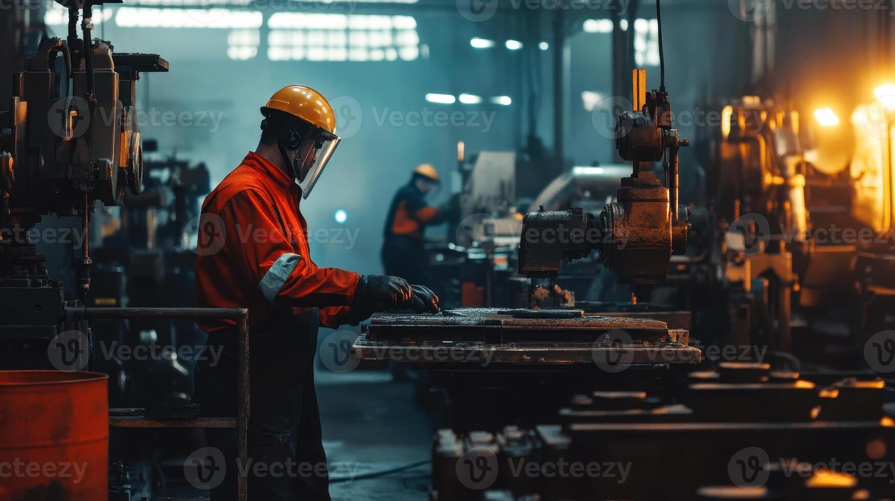 Workers in an industrial setting, focused on machinery and safety practices photo