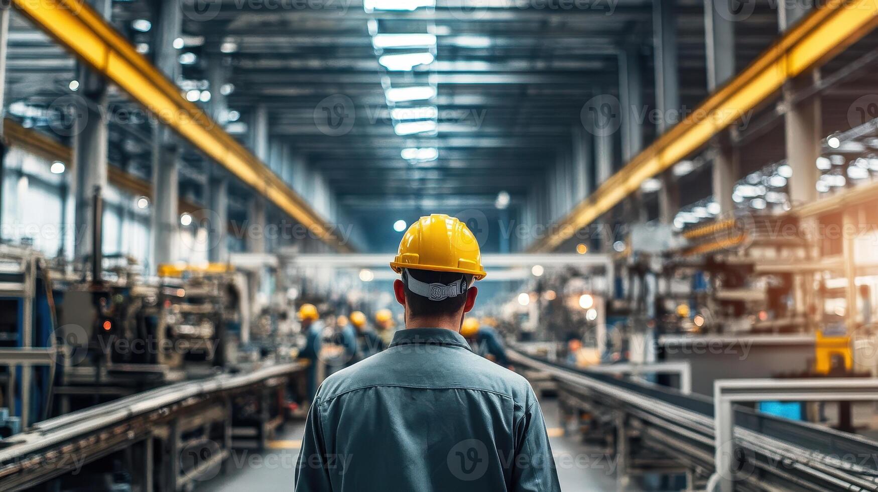 A worker in a factory observes machinery and operations, emphasizing industrial activity. photo