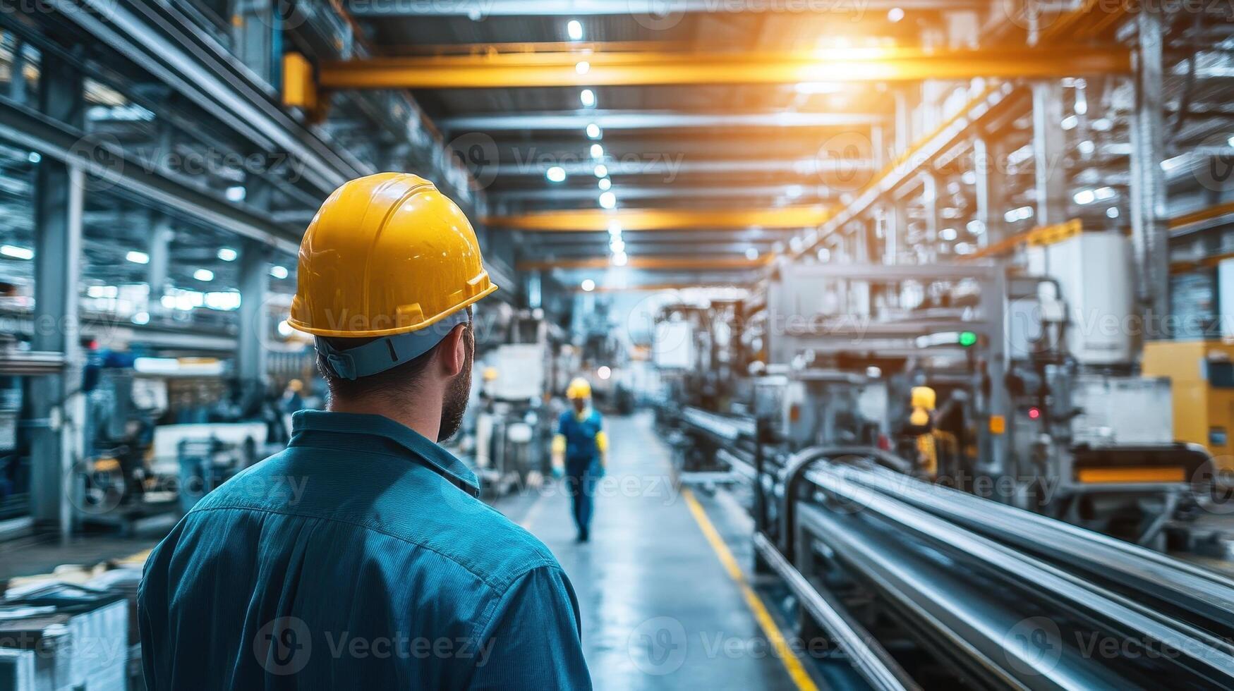 A worker in a factory observes operations in a well-lit industrial environment photo