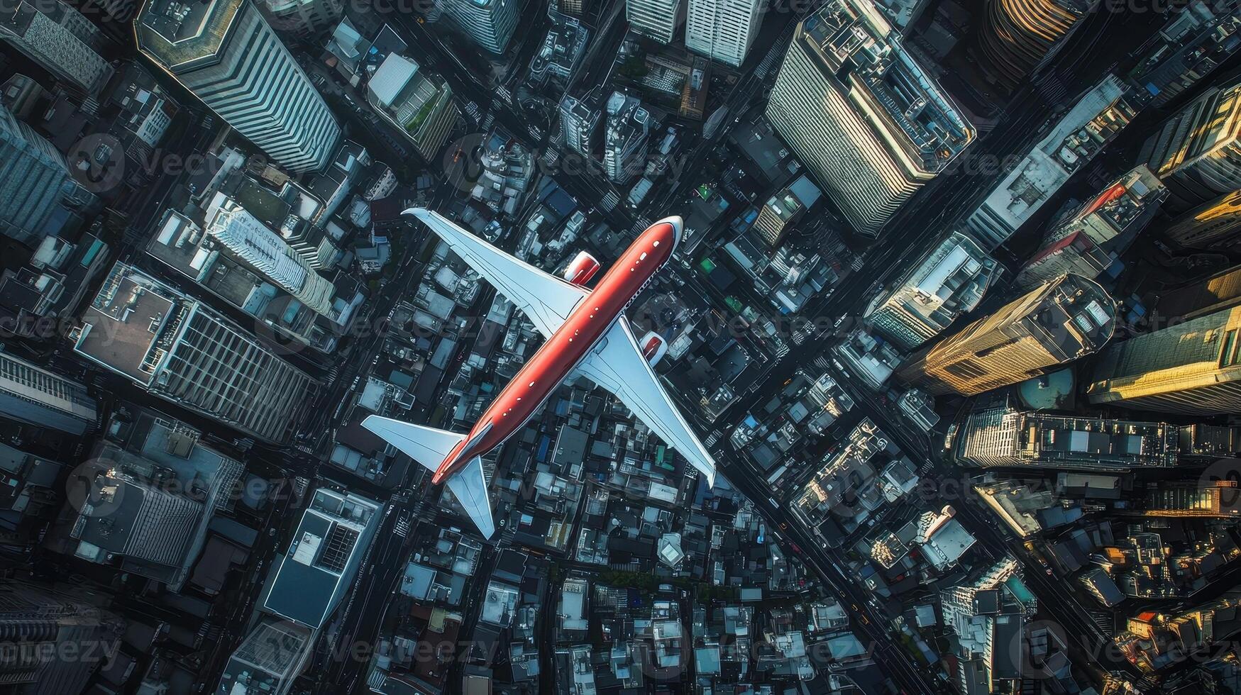 Aerial view of a cityscape with an airplane flying above the buildings photo