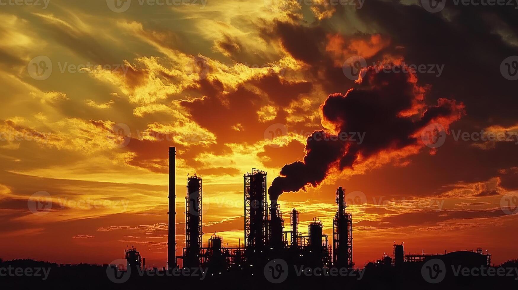 Industrial skyline at sunset, showcasing smoke and silhouettes of refinery structures. photo