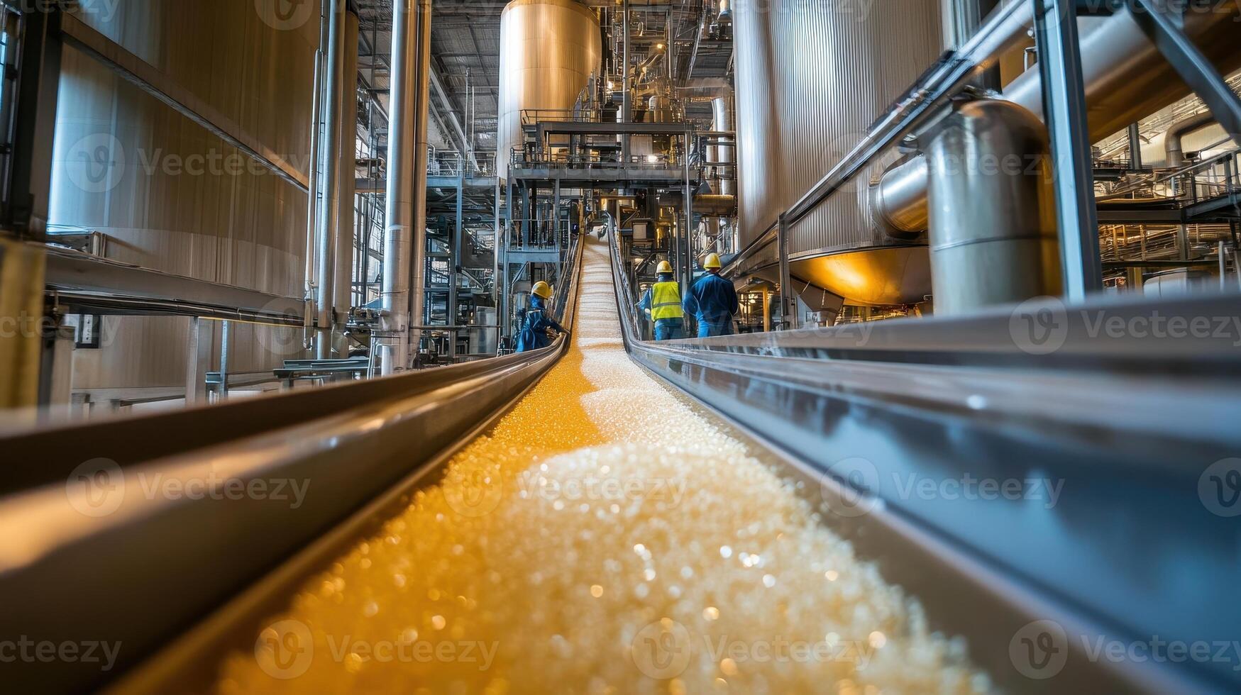 Industrial setting with a conveyor belt transporting plastic pellets in a manufacturing facility photo