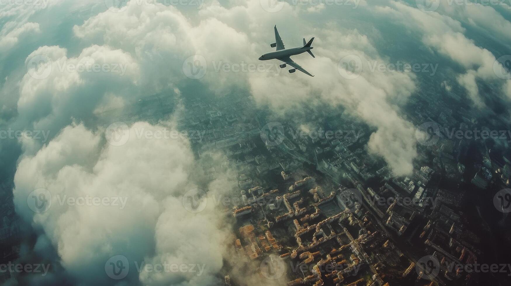 Aerial view of an airplane flying over a cityscape with clouds below photo