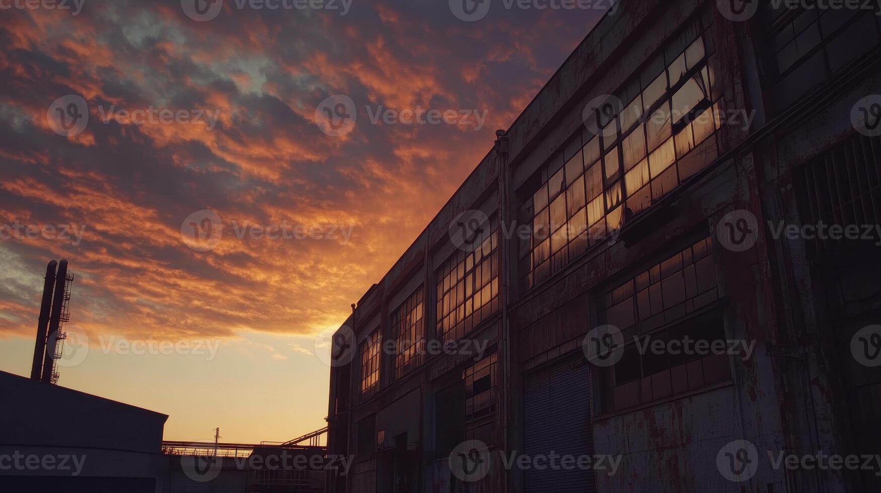 A sunset casts a warm glow on an old industrial building, highlighting its weathered features photo