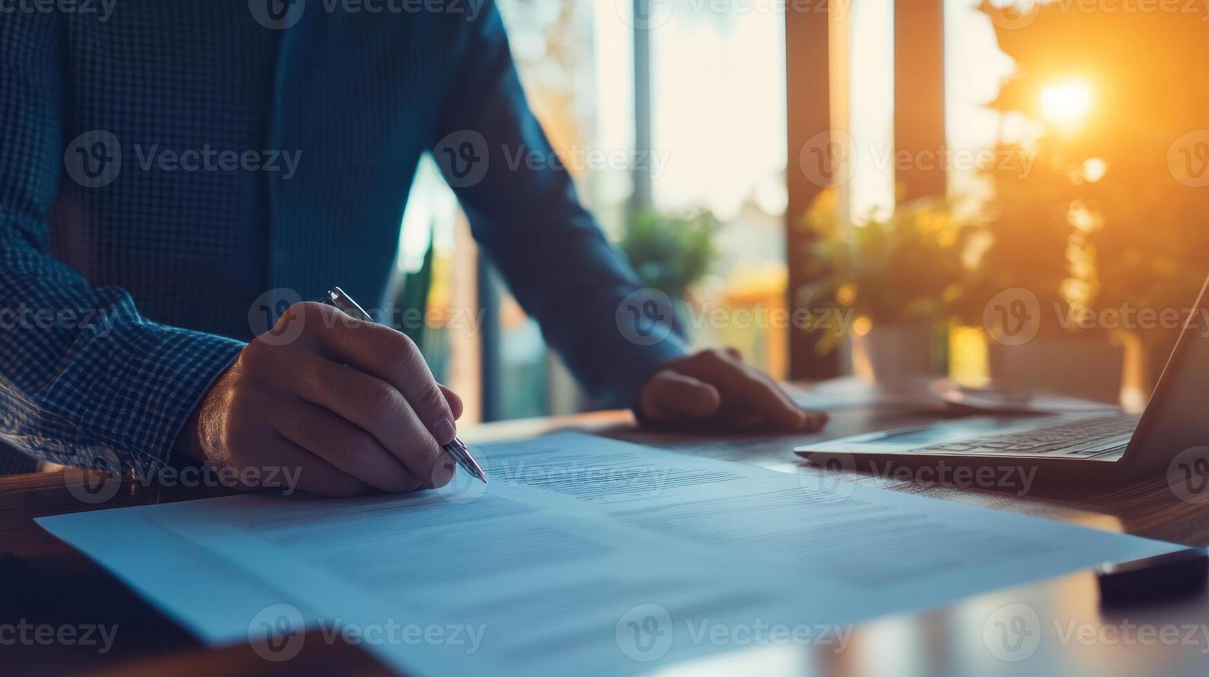 A person writing on documents at a desk with a laptop and plants in a well-lit environment. photo