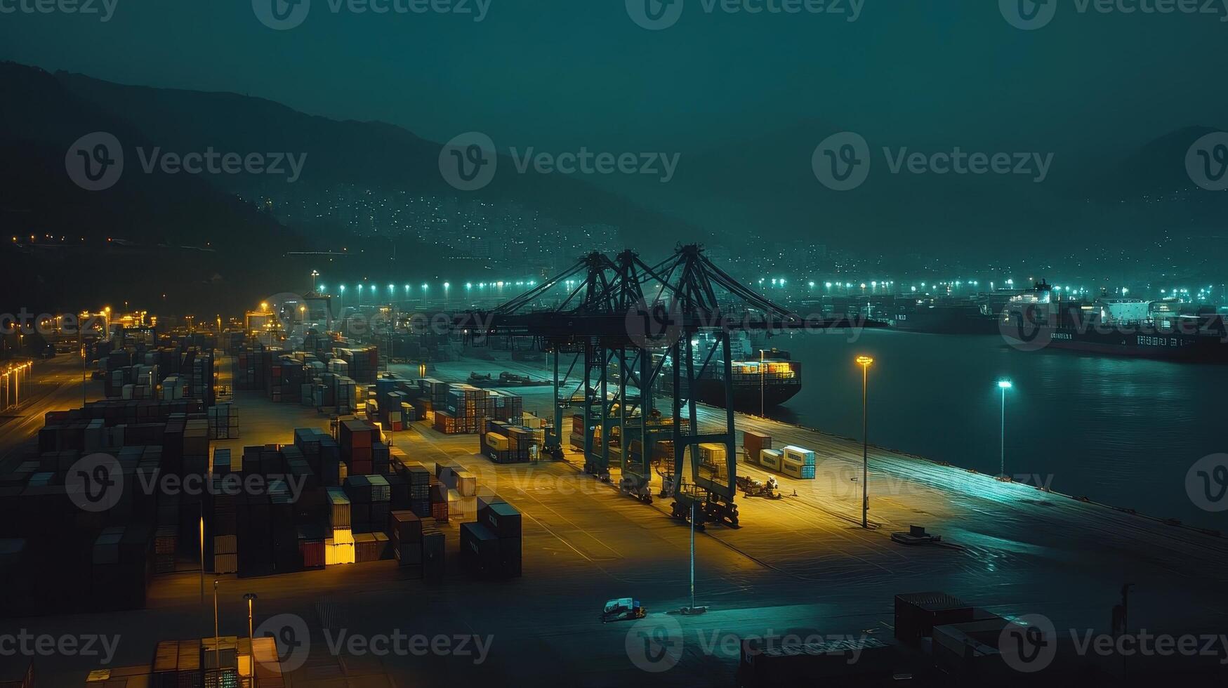A nighttime view of a busy shipping port with cranes and containers illuminated by lights. photo