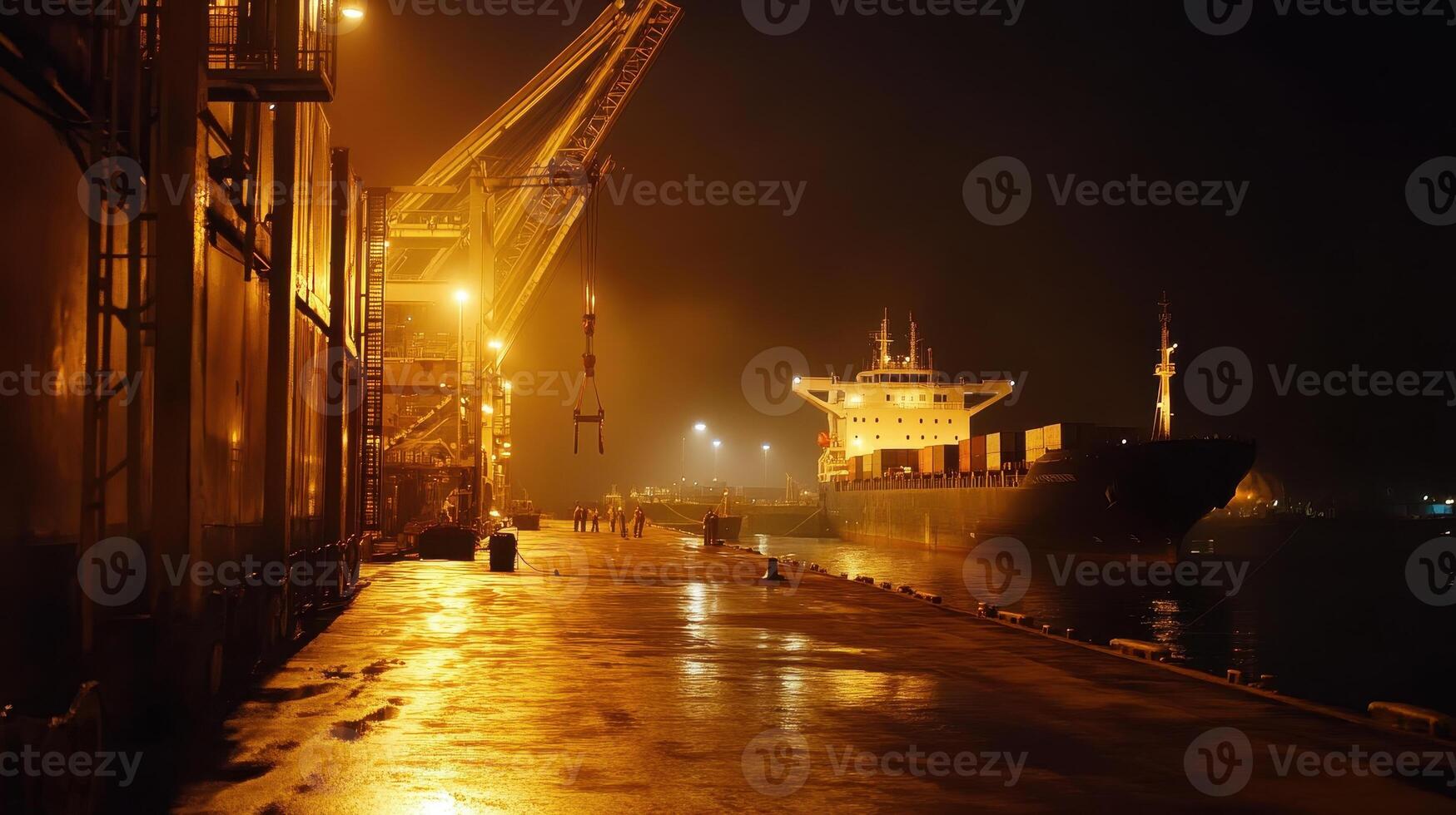 A cargo ship docked at night, illuminated by industrial lights and cranes. photo