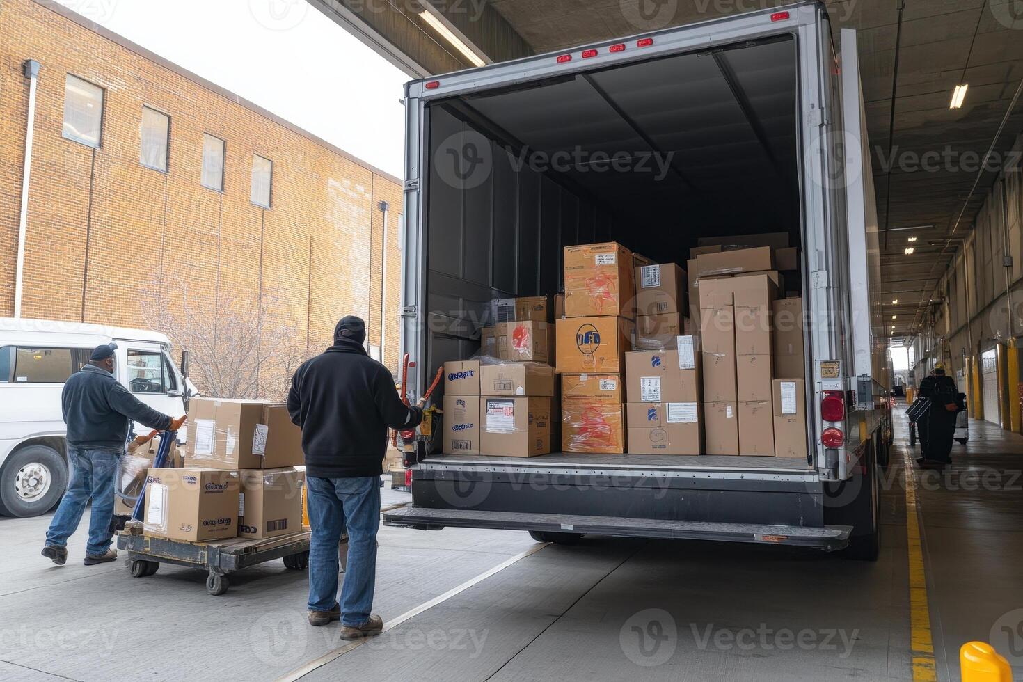 A delivery truck loaded with boxes while workers handle packages. photo