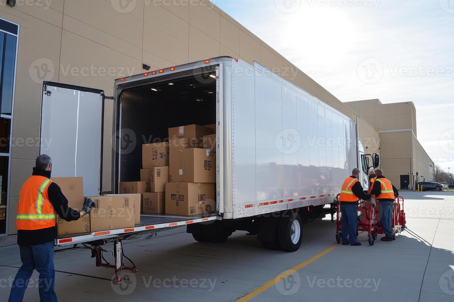Workers unloading boxes from a delivery truck in a loading area. photo