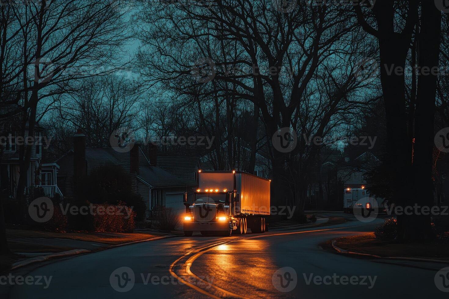 A truck navigates a dimly lit street, surrounded by bare trees and residential homes at dusk. photo