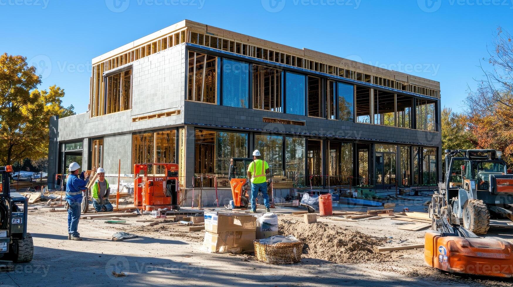 Construction site of a modern building with workers and equipment. photo