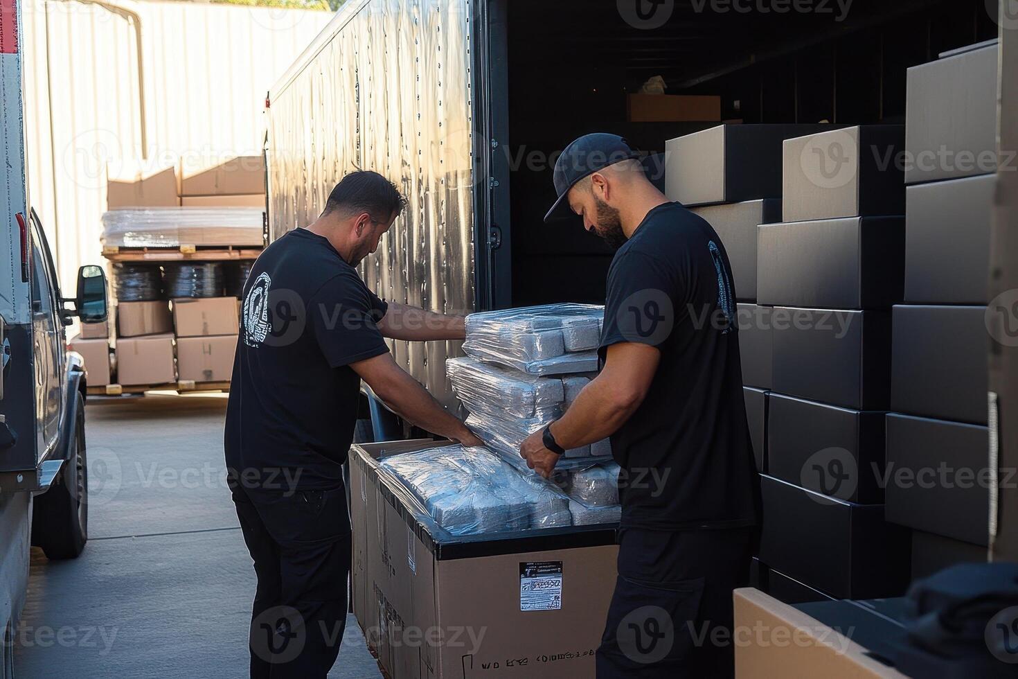 Two workers loading boxes into a truck, organizing shipments for delivery. photo