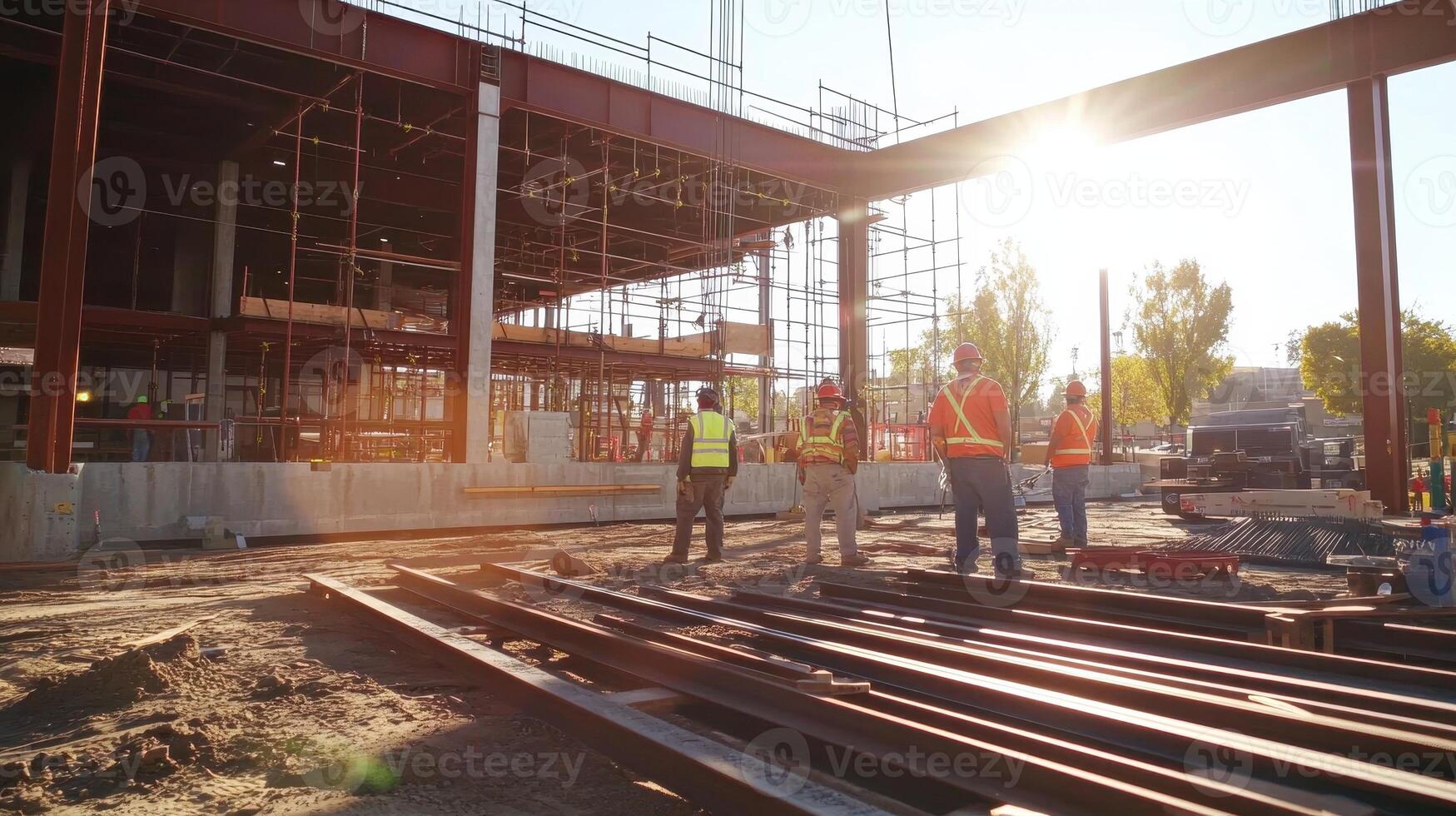 Construction site with workers discussing project amidst steel beams and scaffolding photo