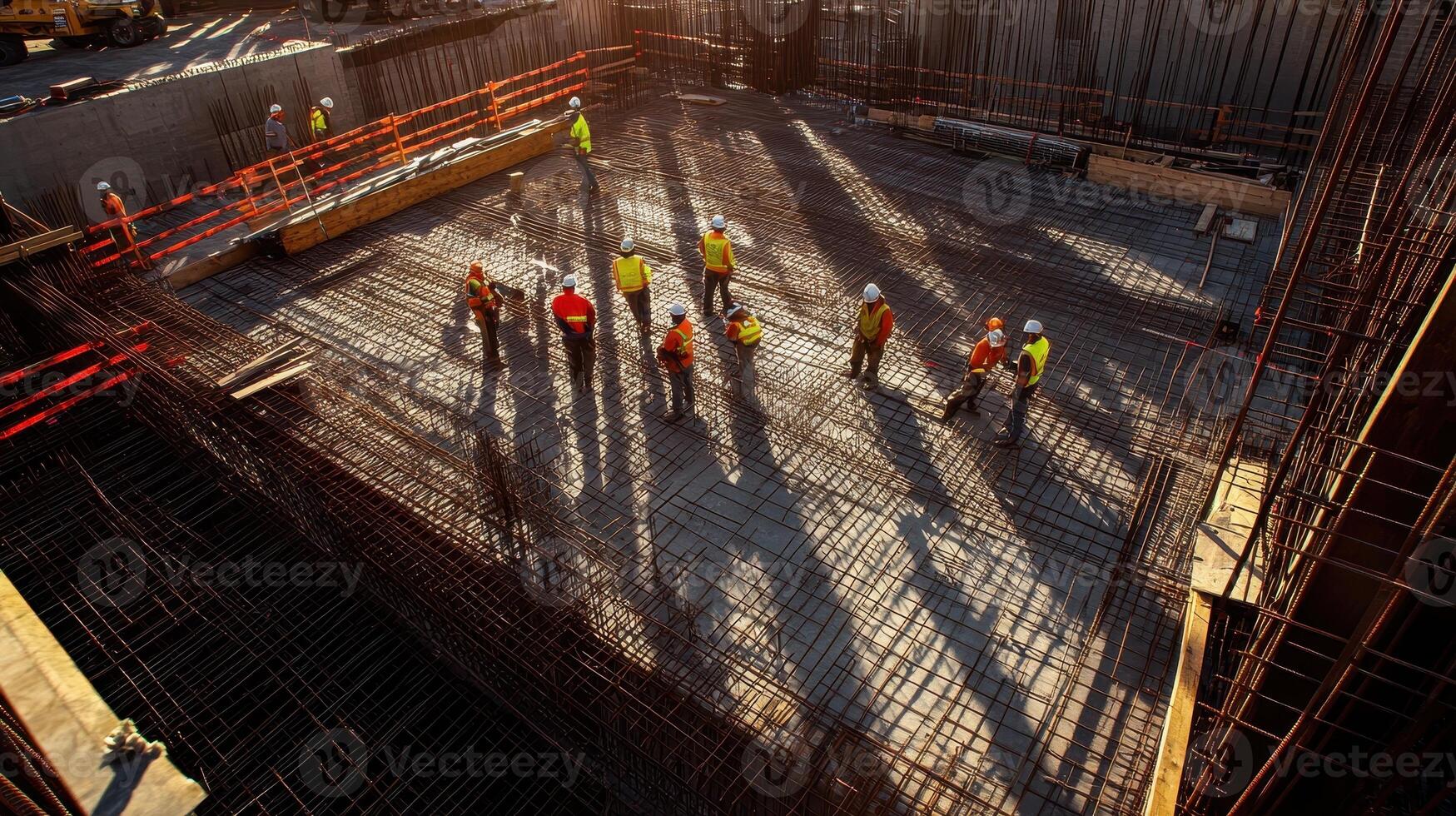 Construction site with workers and rebar framework under sunlight. photo