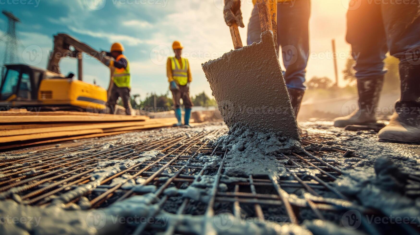 Construction workers pouring concrete on a site with machinery in the background photo