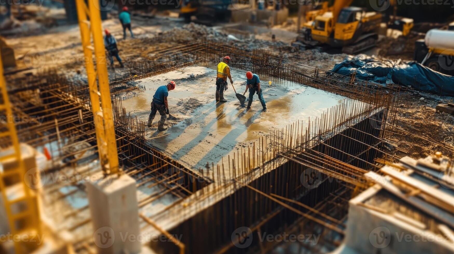 Construction workers pouring concrete on a building site for structural development photo