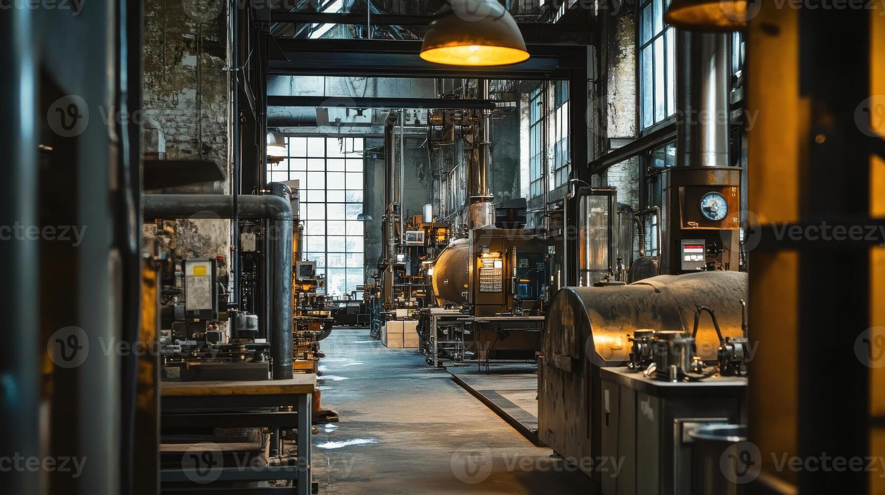 A spacious industrial workshop filled with machinery and tools for manufacturing processes photo