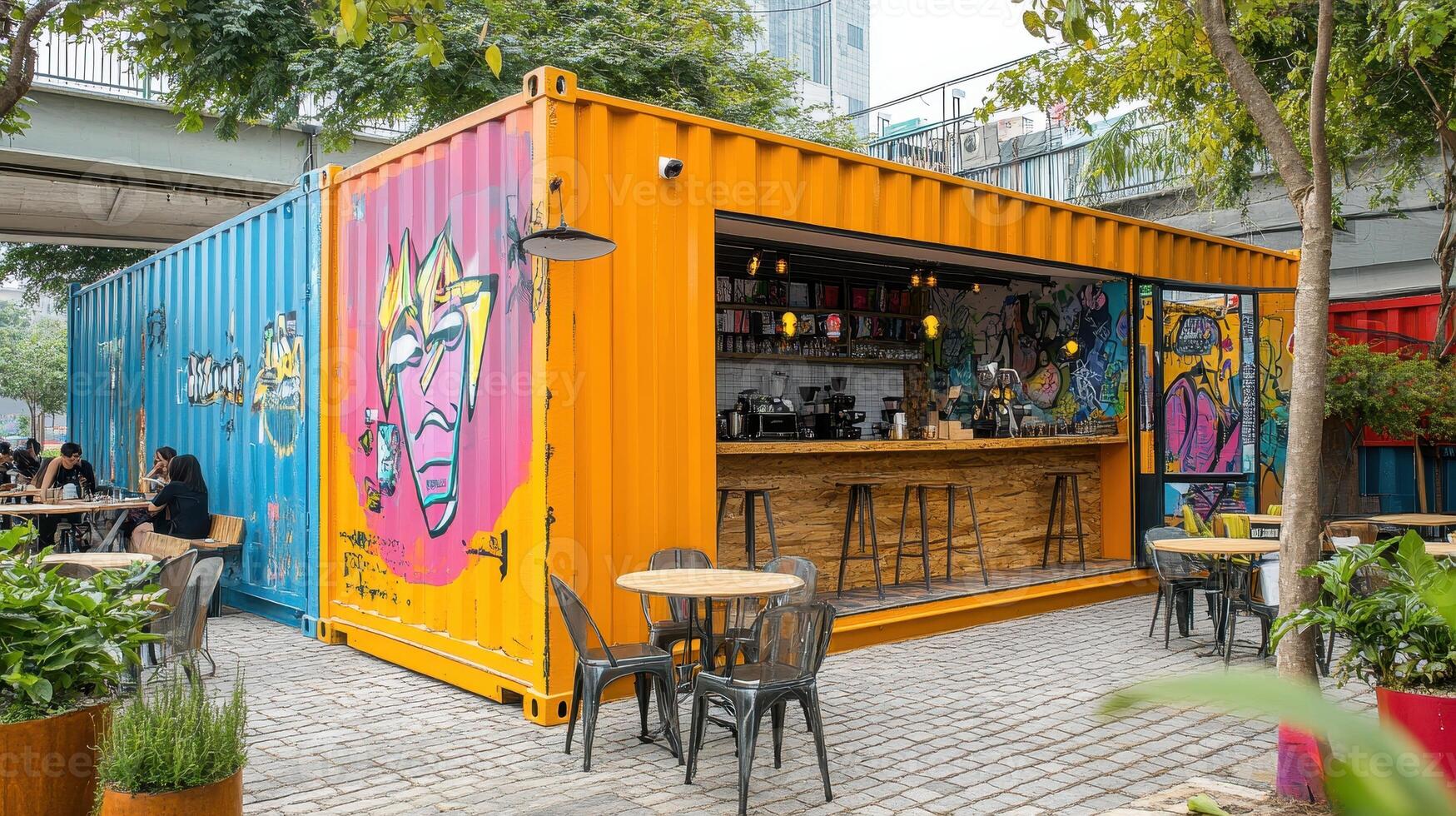 A colorful shipping container caf with outdoor seating and vibrant graffiti art photo