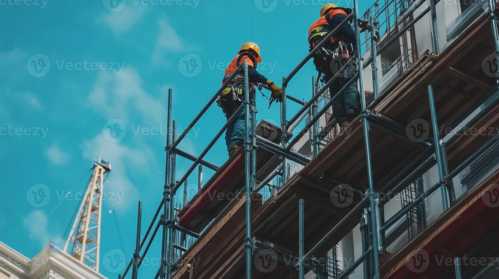 Construction workers on scaffolding at a building site under a blue sky photo