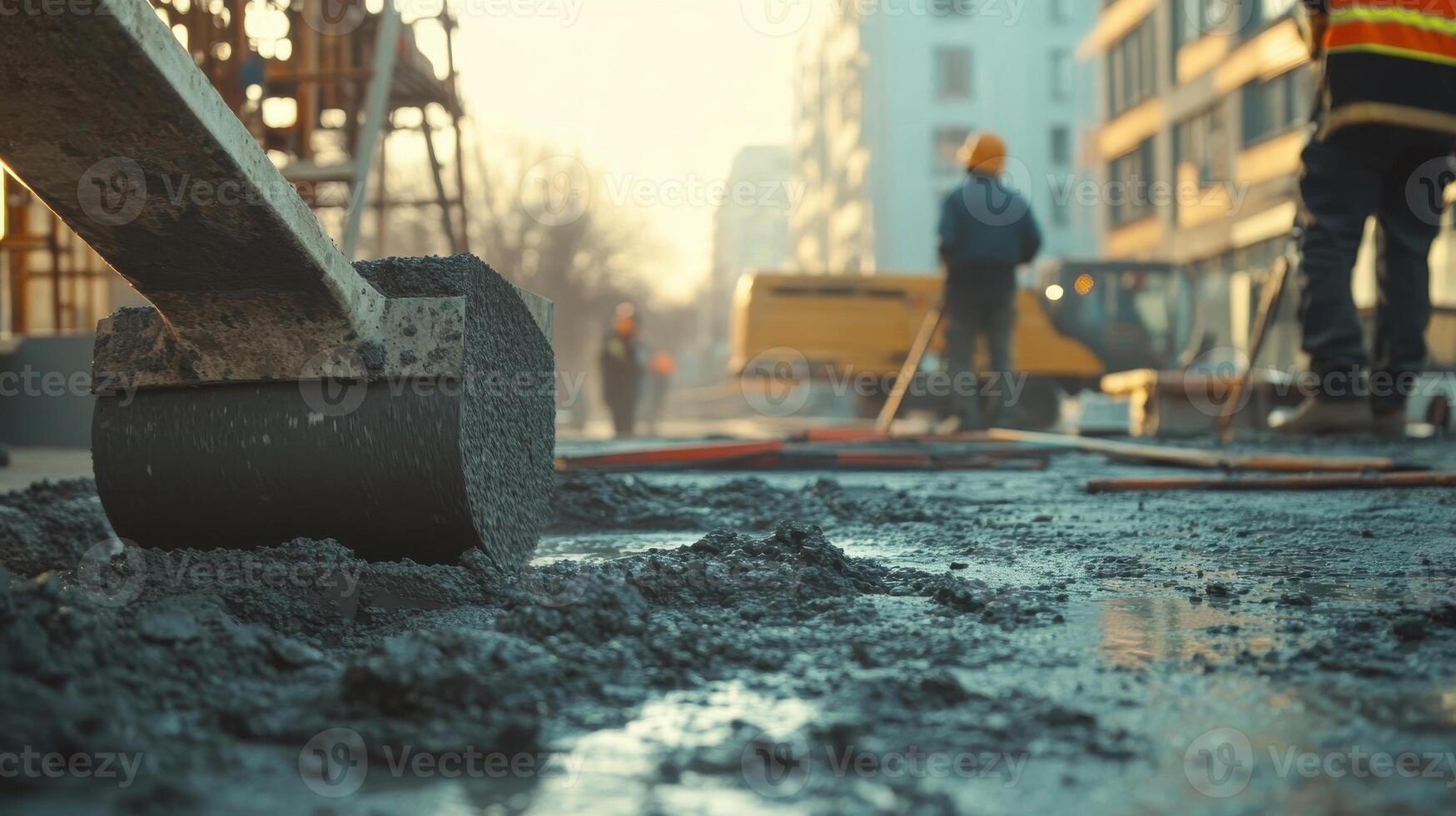 Construction scene with workers and machinery on a site, focusing on fresh concrete. photo