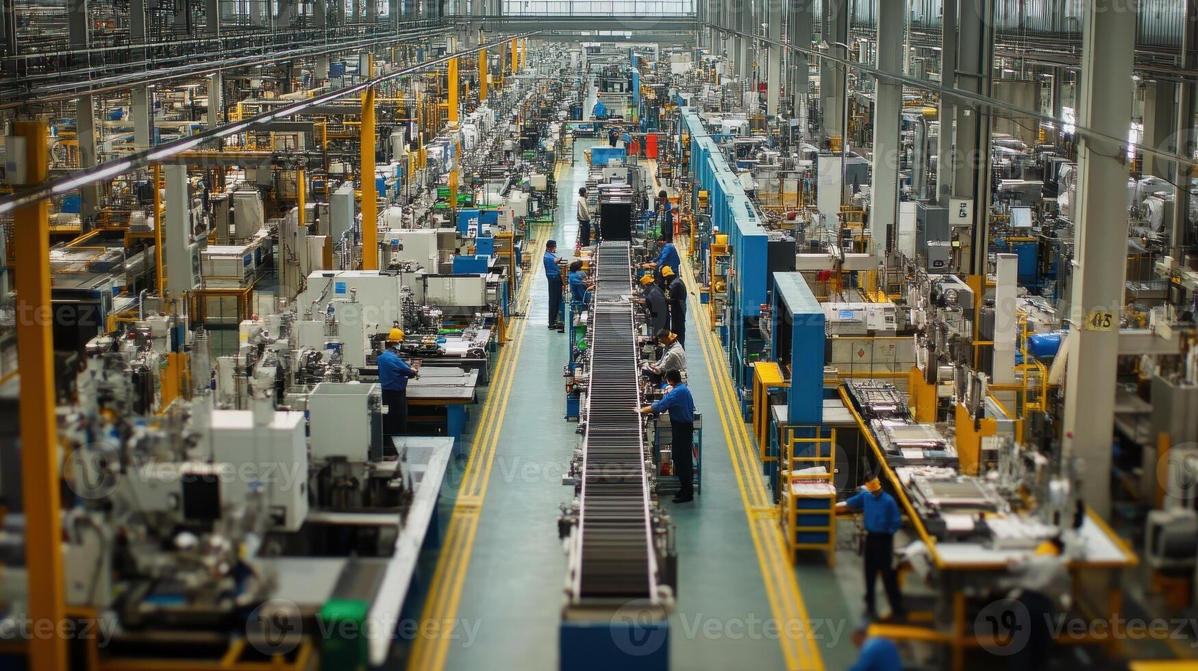 A busy manufacturing facility with workers and machinery in a production line setting. photo