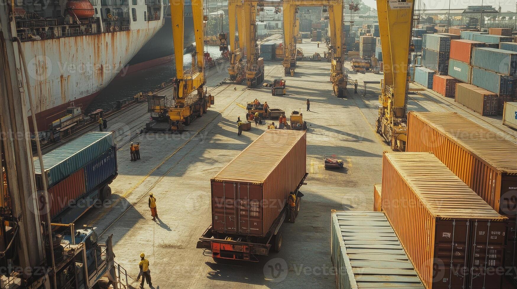 A busy shipping yard with containers and machinery for loading and unloading cargo. photo