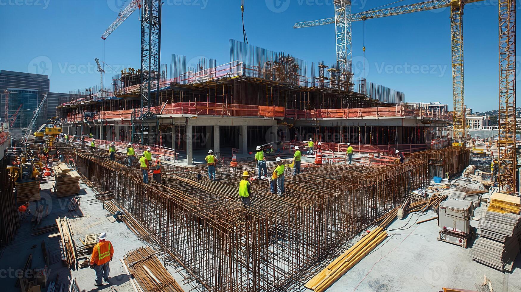 Construction site with workers and cranes, focusing on building development photo