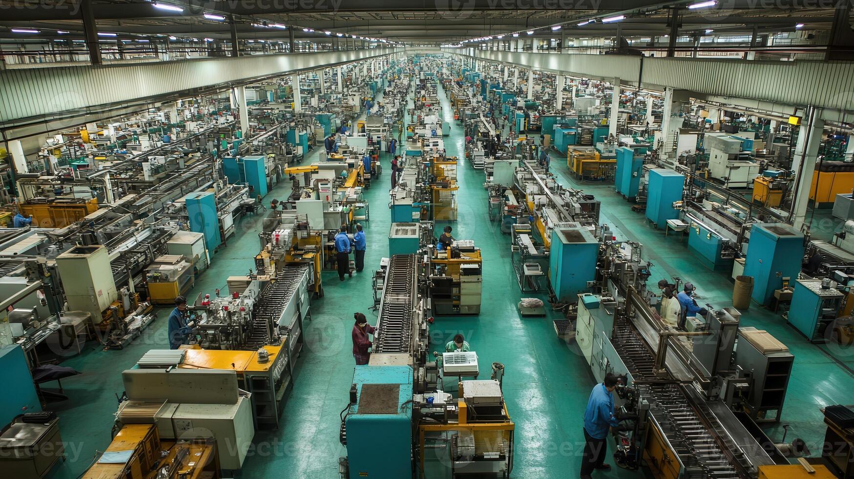 A vast industrial factory floor with numerous workstations and employees engaged in production photo