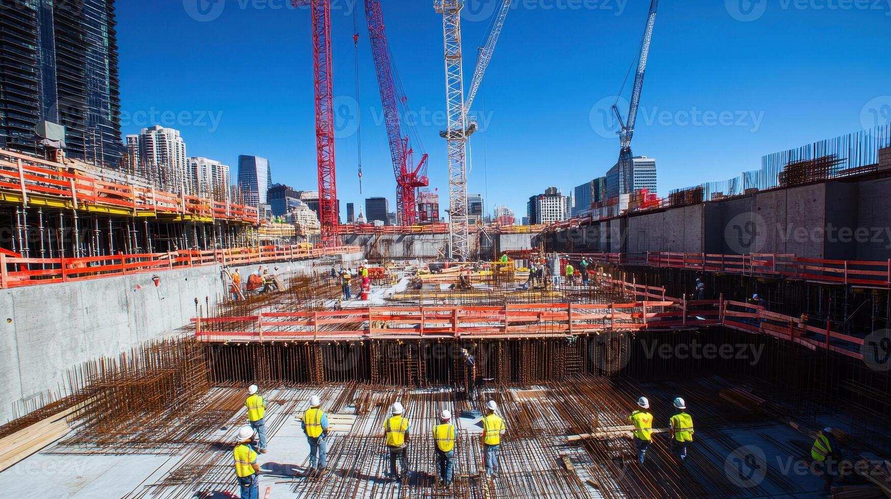 Construction site with workers and cranes under a clear blue sky. photo