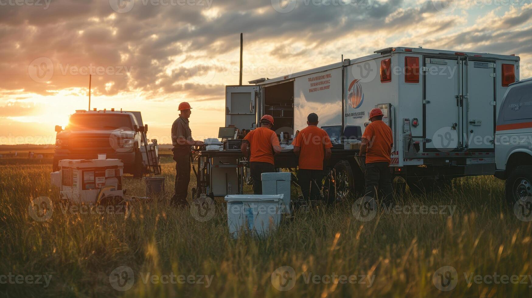 A team works at sunset near a service truck, preparing equipment in a field photo