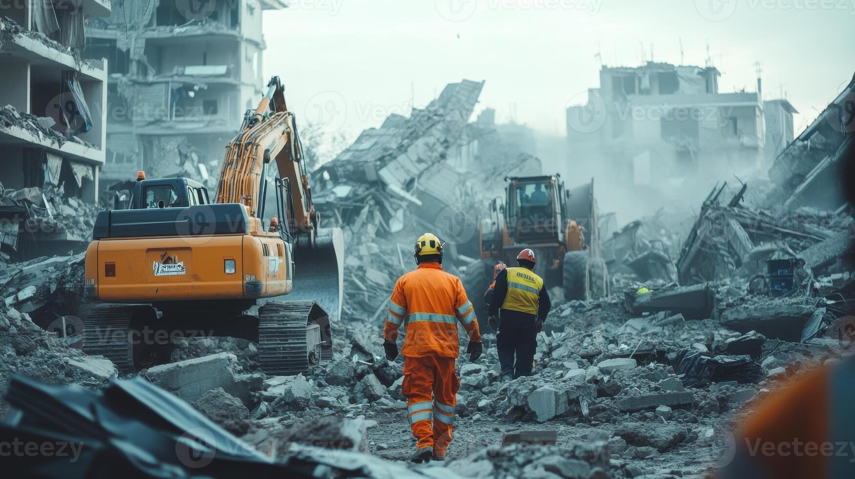 Workers assess a construction site with heavy machinery amidst rubble and debris photo