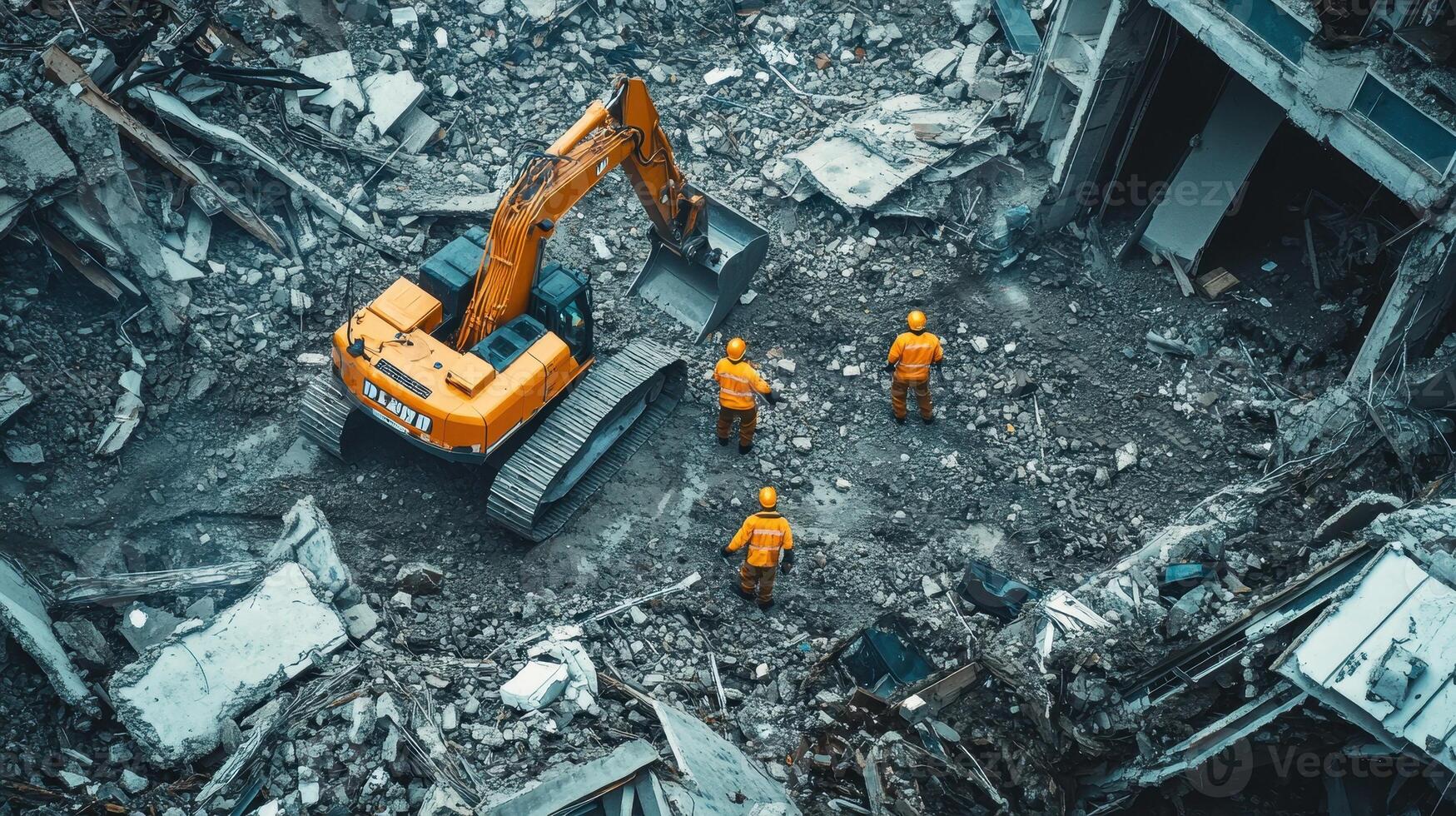 Construction workers and machinery clearing debris at a demolition site. photo