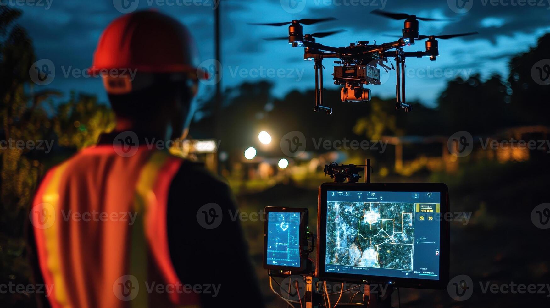A person operates a drone at dusk, monitoring data on a screen for analysis photo
