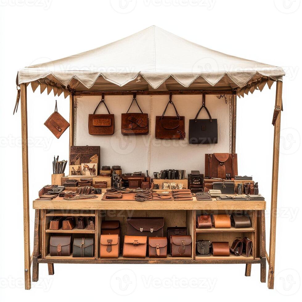 A market stall displaying various leather goods, showcasing craftsmanship and design. photo