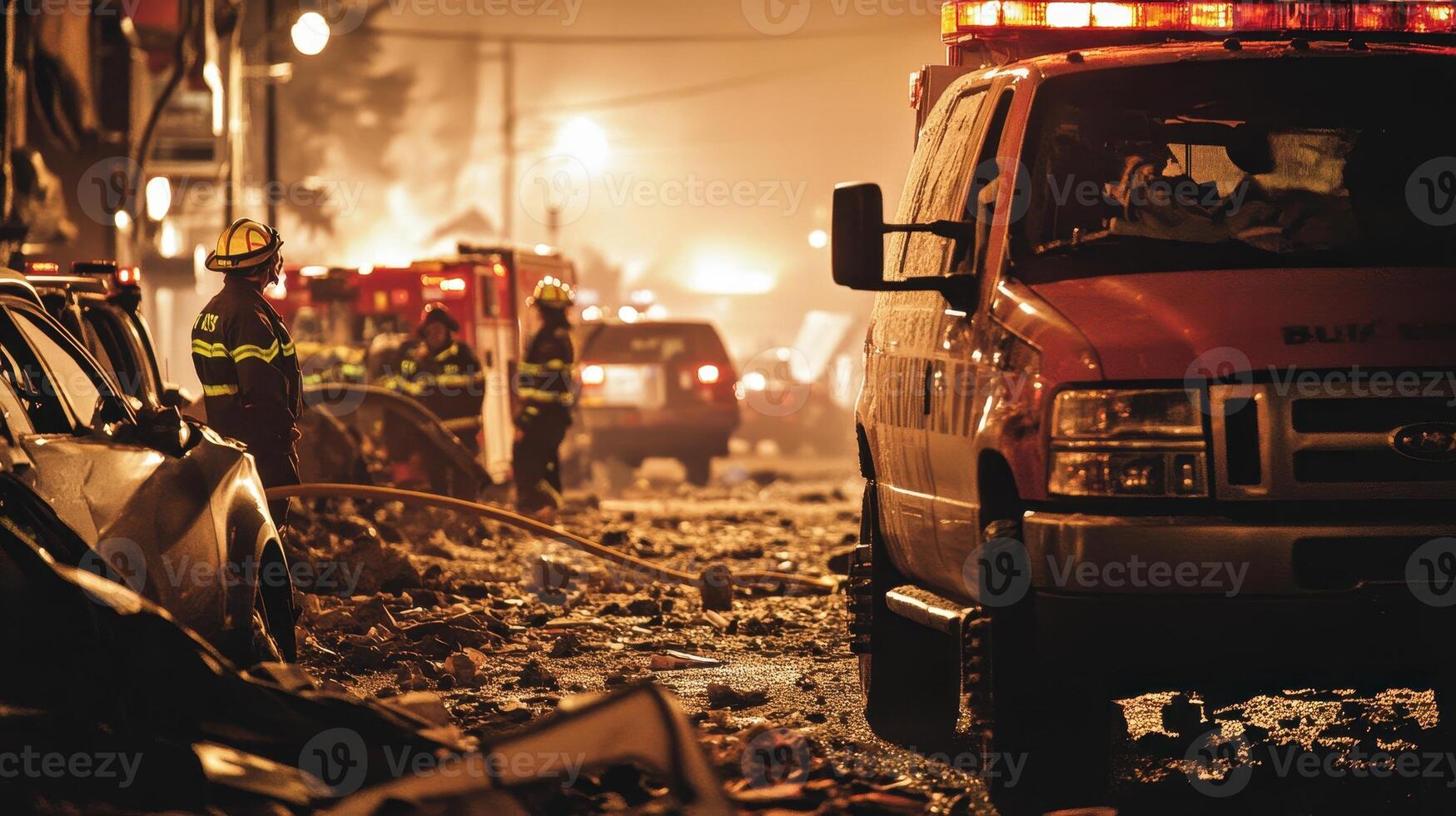Emergency responders navigate a disaster scene amid debris and smoke photo