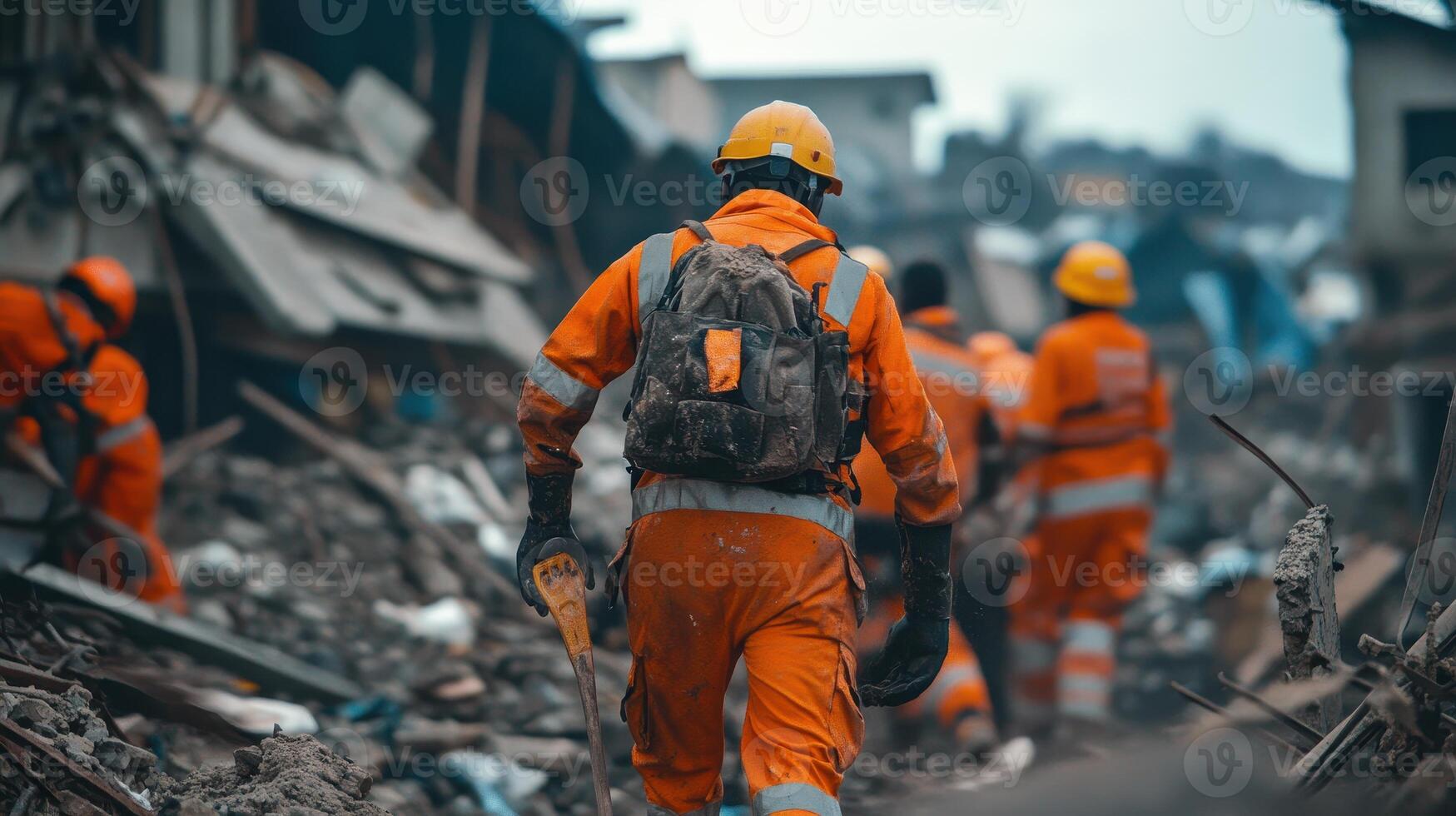 Rescue workers in orange gear navigate debris after a disaster. photo